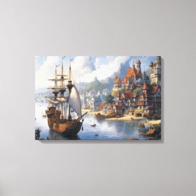 Fantasy Waterfront Village & Ship Canvas Print (Front)