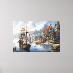 Fantasy Waterfront Village & Ship Canvas Print