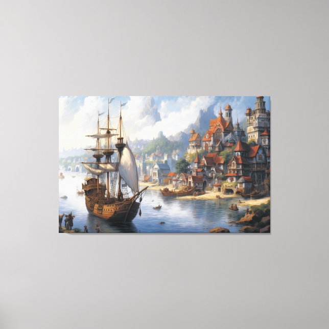 Fantasy Waterfront Village & Ship Canvas Print (Front)