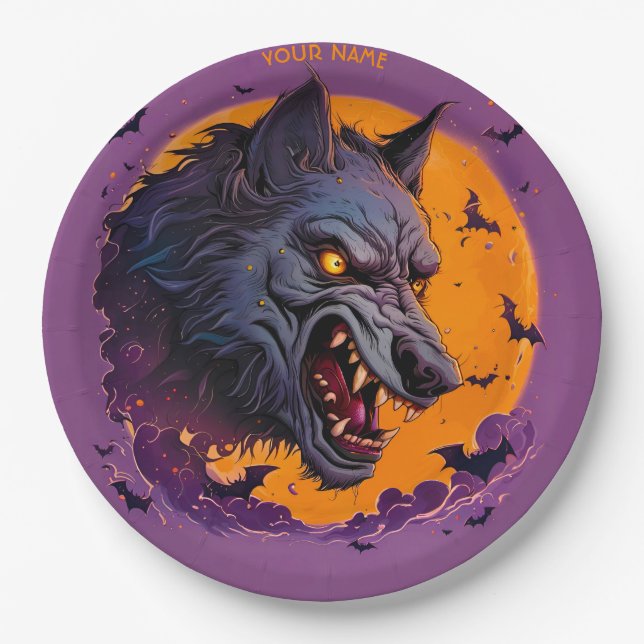 Fantasy Werewolf Moon Halloween Paper Plate (Front)