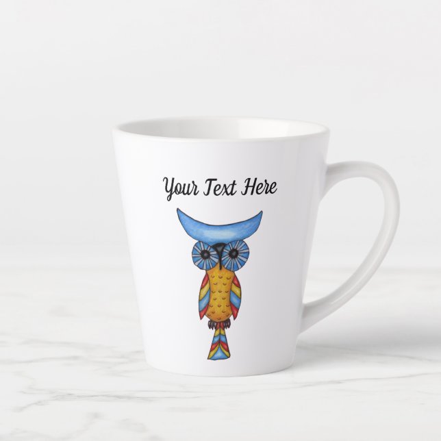 Fantasy Whimsical Owl Blue Head Colourful Feathers Latte Mug (Right)