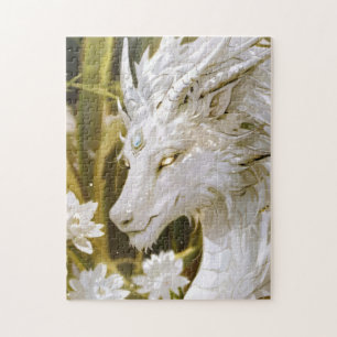 Fantasy White and Gold Dragon with Flowers Jigsaw Puzzle