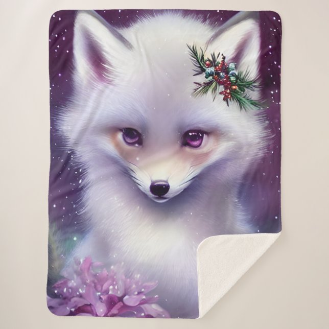 Fantasy White Baby Fox with Lavender Eyes Sherpa Blanket (Front)
