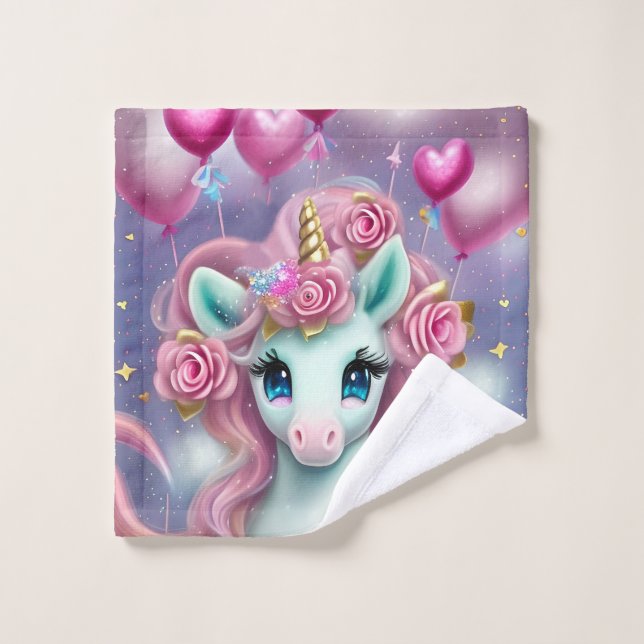Fantasy White Baby Unicorn with pink Hearts Wash Cloth (Wash Cloth)