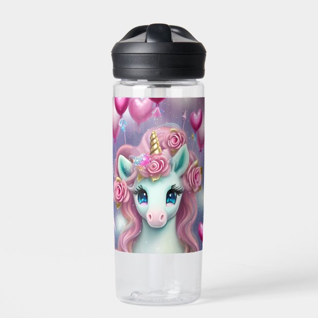 Fantasy White Baby Unicorn with pink Hearts Water Bottle (Front)
