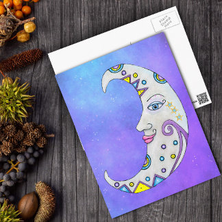 Fantasy White Crescent Moon Colourful Markings Postcard