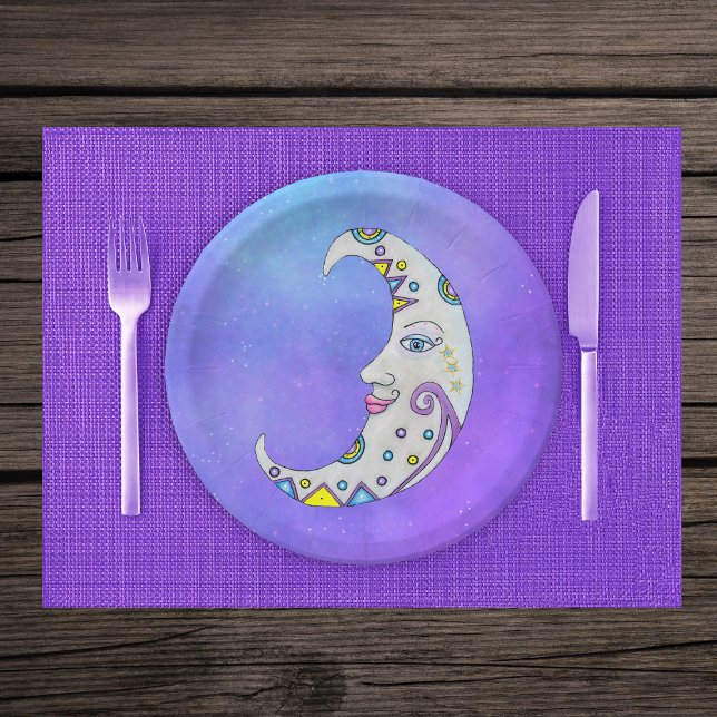 Fantasy White Crescent Moon Fancy Abstract Marking Paper Plate (Fantasy white Crescent moon face colourful markings on purple sky paper party plates.)