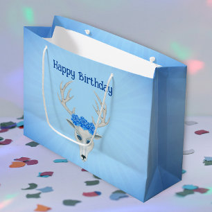 Fantasy White Deer Head Antlers Roses Birthday Large Gift Bag