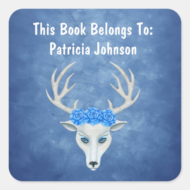 Fantasy White Deer Head Big Roses Misty blues Square Sticker (Front)