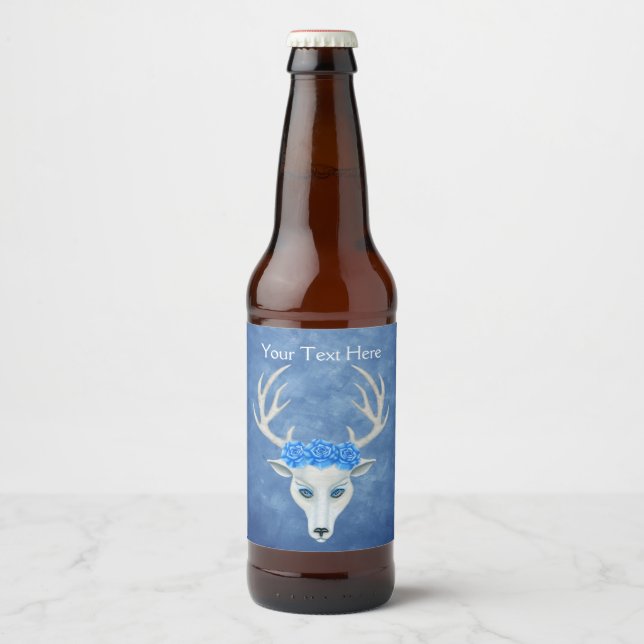 Fantasy White Deer Head Mysterious Face Blue Roses Beer Bottle Label (Front)
