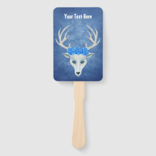 Fantasy White Deer Head Mysterious Face Blue Roses Hand Fan