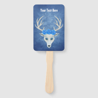 Fantasy White Deer Head Mysterious Face Blue Roses Hand Fan