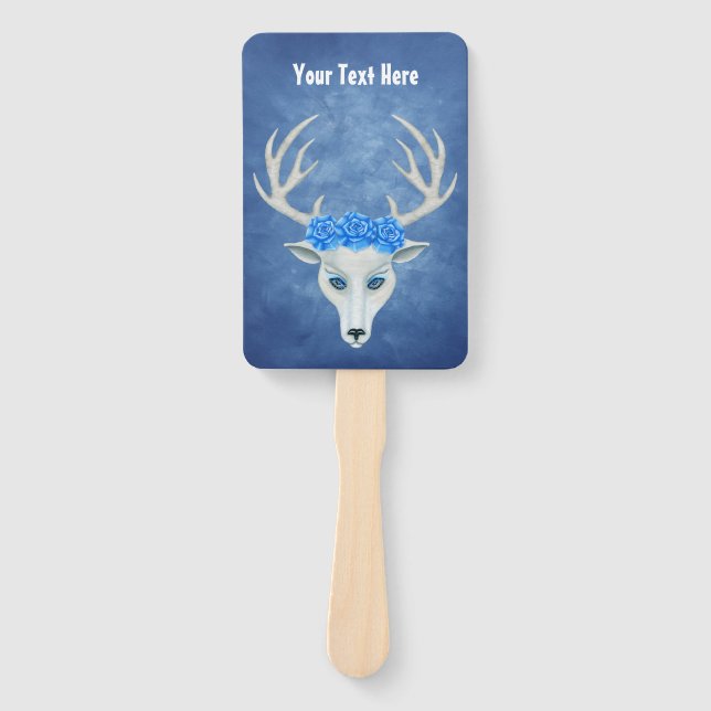 Fantasy White Deer Head Mysterious Face Blue Roses Hand Fan (Front)