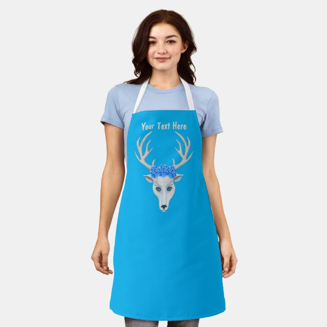 Fantasy White Deer Head Roses Blue Eyes Antlers Apron (Worn)