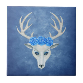 Fantasy White Head of a Deer Antlers Roses Blue Tile