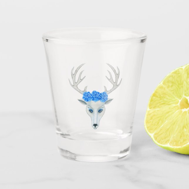 Fantasy White Head of Deer Antlers Blue Eyes Roses Shot Glass (Front)