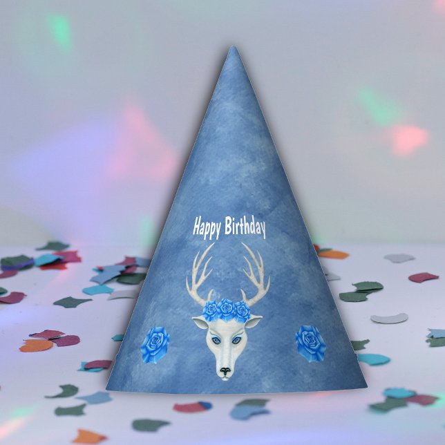 Fantasy White Head of Deer Antlers Blue Roses Party Hat (White fantasy deer head big antlers with blue roses on blue Happy Birthday paper party hat.)