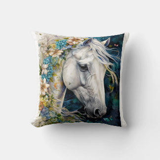 Fantasy White Horse decorated with flowers Cushion