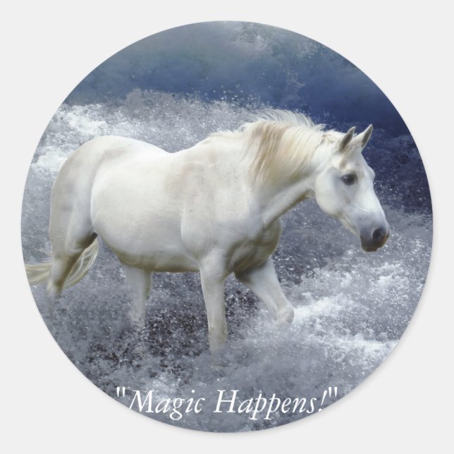 Fantasy White Horse & Ocean Surf  Gifts Classic Round Sticker (Front)