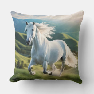 Fantasy White Horse Running In The Valley. Cushion