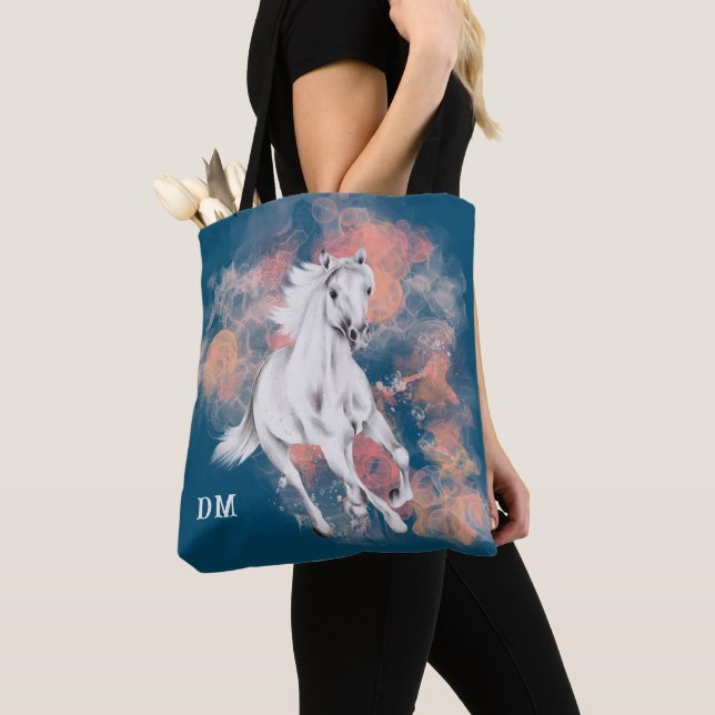 Fantasy White Horse Running Monogram Tote Bag (Close Up)