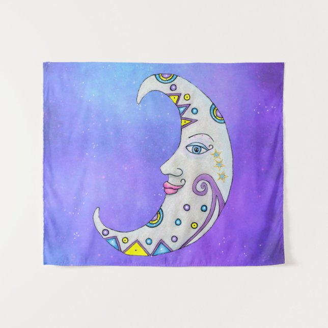 Fantasy White Moon Face Brightly Coloured Accents Tapestry (Front (Horizontal))