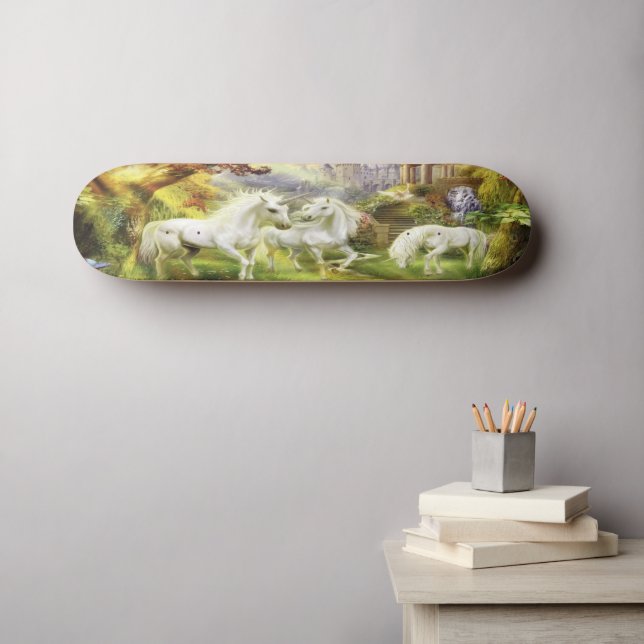 Fantasy White Unicorns In Field Skateboard (Wall Art (Horz))