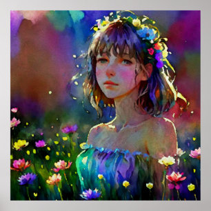 *~  Fantasy Wild Flowers AP56 Watercolor Art  Girl Poster