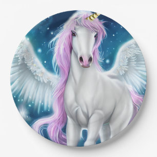 Fantasy Winged Unicorn with Pink Hair  Paper Plate