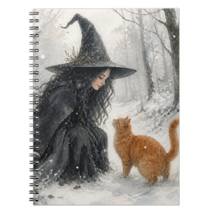 Fantasy Witch and Ginger Cat in Winter Forest Notebook