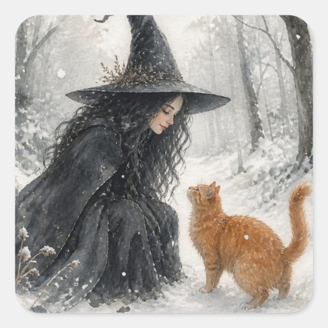 Fantasy Witch and Ginger Cat in Winter Forest Square Sticker (Front)