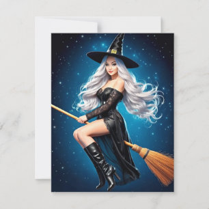 Fantasy Witch Art Print – Magical Woman on Broom, Holiday Card