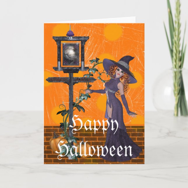 Fantasy Witch at Sign Halloween Greeting Card (Front)