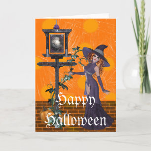 Fantasy Witch at Sign Halloween Greeting Card