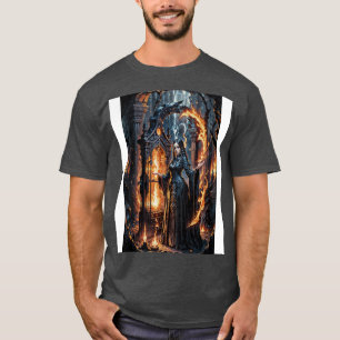 Fantasy witch girl and fire in ruins T-Shirt