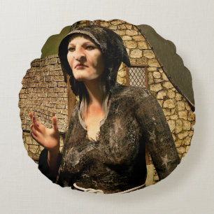 Fantasy Witch Mediaeval Village Halloween Round Cushion
