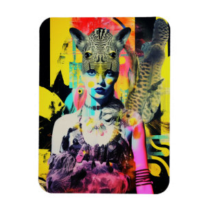 Fantasy Woman and Animals Colourful Collage Magnet