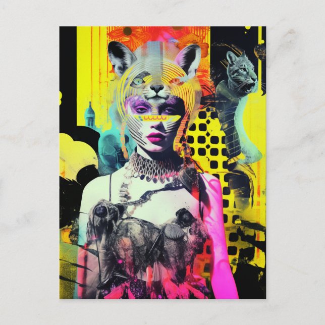 Fantasy Woman and Animals Colourful Collage Postcard (Front)
