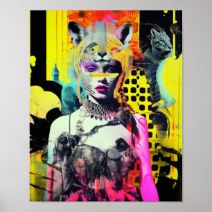 Fantasy Woman and Animals Colourful Collage Poster