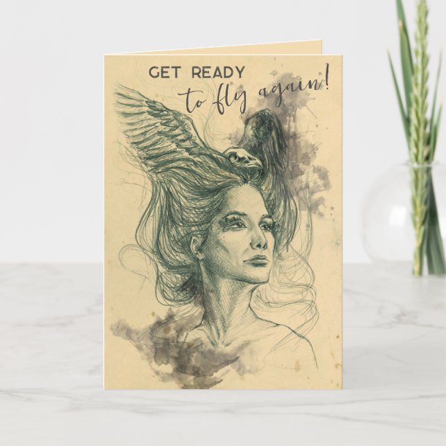 Fantasy Woman Bird skull Wings Surreal Art Card (Front)