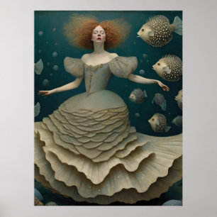 Fantasy Woman in a Fancy Dress Under the Ocean Poster