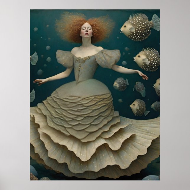 Fantasy Woman in a Fancy Dress Under the Ocean Poster (Front)