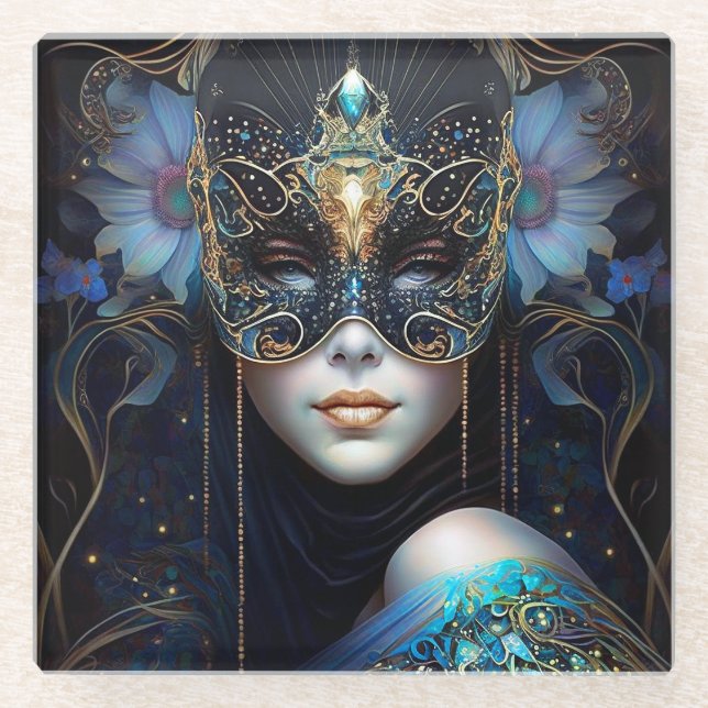 Fantasy Woman Wearing Mask Glass Coaster (Front)