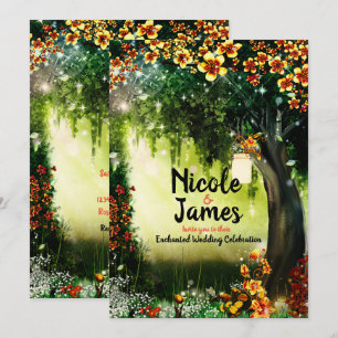 Fantasy Woodland Enchanted Forest Coral Flowers I Invitation