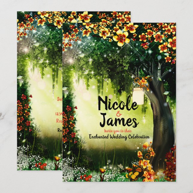 Fantasy Woodland Enchanted Forest Coral Flowers  I Invitation (Front/Back)