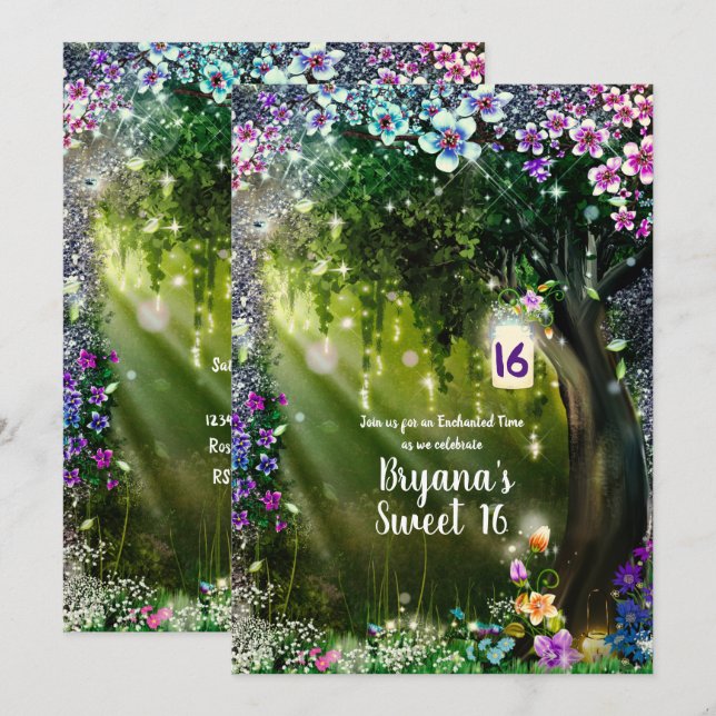 Fantasy Woodland Enchanted Forest Flowers Sweet 16 Invitation (Front/Back)