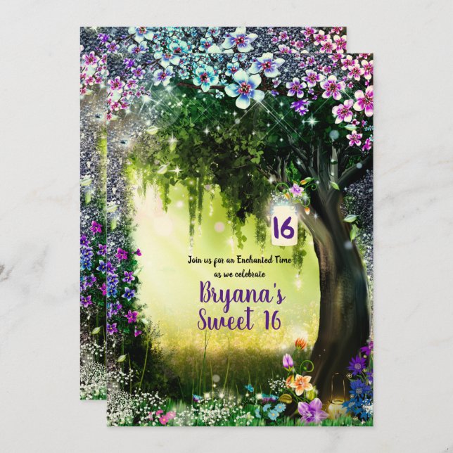 Fantasy Woodland Enchanted Glow Forest Sweet 16 Invitation (Front/Back)
