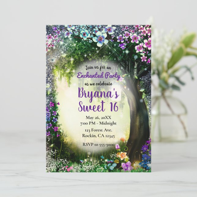 Fantasy Woodland Enchanted Glow Forest Sweet 16  Invitation (Standing Front)