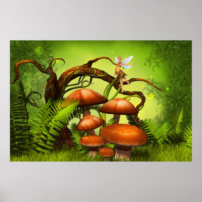 Fantasy World Forest, Large Mushrooms and Fairy  Poster (Front)