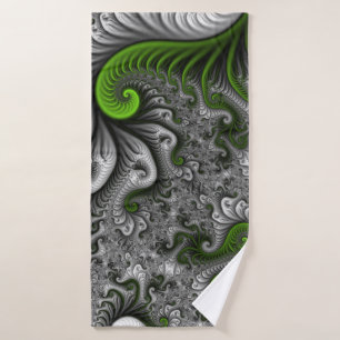 Fantasy World Green And Gray Abstract Fractal Art Bath Towel